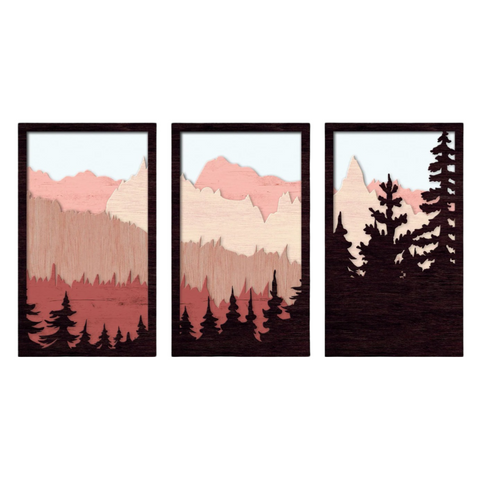 "Mountain Landscape Wall Art – A Tranquil Trilogy in Layered Wooden Art" 🏔️🌲✨