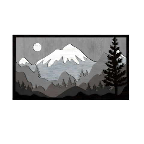Handcrafted Wooden Wall Art - Mountain Landscape with Moon