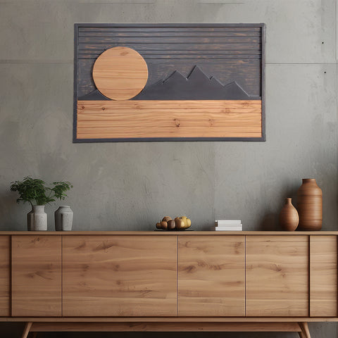 Serenity in Wood: Mountain Sunrise Wall Art