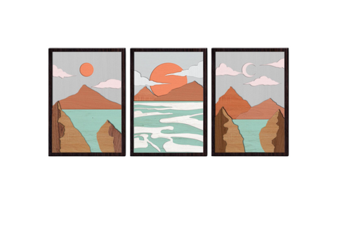 Handcrafted Wooden Wall Art Set - Mountain & Ocean Landscape